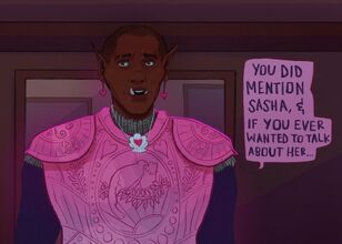 A digital drawing of Azu, a black orc woman with a shaved head. She is in pink armor with black chainmail underneath. She is wearing a shell necklace with a heart in the middle. There's a speech bubble next to her that reads: You did mention Sasha, and if you ever wanted to talk about her...