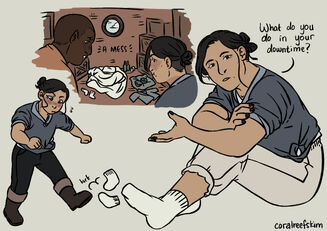 Three coloured digital illustrations of Kiko and Azu. Kiko is a human Japanese woman with black hard in a bun, wearing a blue shirt black pants, and big brown boots. She has a mole near her mouth and black panted nails. Azu is an orc Kenyan woman wearing an orange shirt. In the first drawing, they’re looking into a cubby-hole with several boxes as walls and a small porthole to the sky. The cubby-hole has a bed and is strew about with clothing; a caption reads “a mess.” Azu’s face is neutral while Kiko looks embarrassed. In the second drawing, Kiko kicks away several socks, while blushing. In the last drawing, Kiko is seated; her over-pants and boots are now off. She looks at the viewer and says “What do you do in your downtime?”