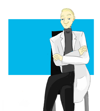 Image: Mister Doctor Medic, a white man with bleached white hair, wearing a white lab coat over a grey turtleneck and black pants. He sits on a chair with his arms and legs crossed and a bored expression.