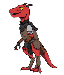 A digital drawing of Skraak, a red kobold. He is fitted in brown leather armor. He's facing to the left. Their mouth is open showing a row of sharp teeth and they have yellow eyes.