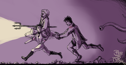 A purple monochromatic digital drawing of Hamid, Zolf, and Sasha. Hamid, a halfling male. His arms are up at his sides and bent at the elbow. He is looking behind him with his eyebrows raised and his mouth open. He is moving forward. Next to him is Zolf, a dwarven male. He is holding his trident between his left arm and his side. He is sitting on a floating metal disk. He is holding a large flashlight that is illuminating the path in front of them. It is making a triangle of yellow light. He is looking straight ahead. Behind them is Sasha, a human woman. She is pushing Zolf on the metal disk. She is looking down and focused. Behind all of them is a long tentacle with an eyeball at the end of it.