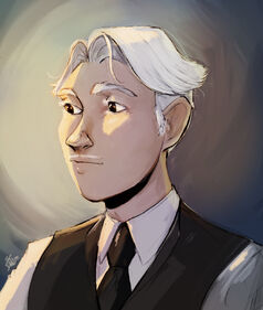 Coloured digital art of Carter. He is depicted as a bust, and the art style is reminiscent of a painting. Carter is a white man with medium-length white hair, white eyebrows, and a white pencil moustache. He is facing to the left of the viewer in a three-quarter view, and has a neutral expression on his face. Carter is wearing a black vest and black tie over a white collared shirt. The background is an abstract light source, and it casts highlights onto the left side of Carter's face.