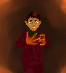 Coloured digital fanart of Hamid. He stares down at his hands in horror: they have turned into metallic claws. He is wearing a purple suit with a green shirt, and is standing in front of a brown background.