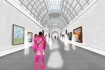 A digital drawing of Azu in a museum. Azu, a black orc woman, is facing away from the viewer. She is dressed in all pink battle armor, her great axe is slung onto her back. She is staring straight ahead down the hallway. The museum has a glass tunnel ceiling, there are various paintings on either side of the white walls. The floor is tiled and a dark grey. There’s seven white and blurry human shaped silhouettes in front of her.