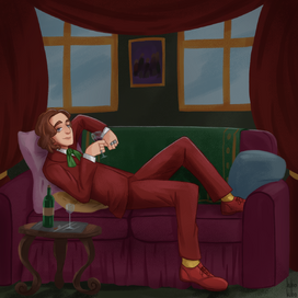 Digital art of Wilde reclining on a sofa. He is a white man with shoulder length brown hair and blue eyes. He is wearing a scarlet suit, red shoes, yellow socks and a green cravat. He is holding a glass of wine. The background is the wall of a room with two windows. The wall is decorated with red curtains and a painting between the windows. In front of the sofa is a small table on which stand a wine bottle and another glass.