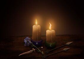 A digital drawing of two lit candles in a dark room. The one on the left has a dagger below it with a forget me not flower laying on top of it. The candle to the right has two arrows laying side by side below it.