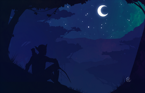 A blue monochromatic digital drawing of Grizzop, a male goblin. He is barely visible sitting under a tree in the foreground. His one arm rests on his knee and he is holding his bow in a relaxed manor. He is looking up towards the sky which has a white crescent moon with stars all around it.