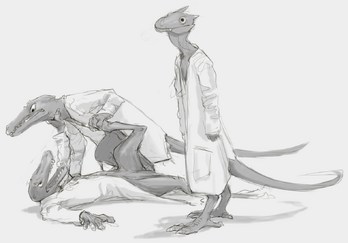 A black and grey drawing of three kobolds, lizard like creatures with talon-like hands and feet and long tails. One kobolds stands in the foreground. They are facing the right side of the photo and are staring out. They have a fang protruding from their mouth. Behind them and to the right are two kobolds fighting on the ground. The one on top is holding the foot of the one below them. They are snarling their mouth and looking down in a glare. The kobold below them is holding the throat of the other. Their mouth is open, showing a line of sharp teeth. All three of them are wearing long, white lab coats.