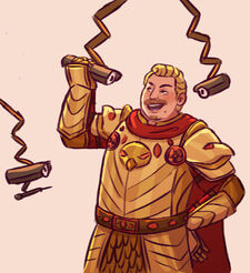 Digital fan art of Bertie, a white human man with short blond hair. He wears elaborate gold armour with red gems encrusted and falcon designs, as well as a red cape. He has one hand on his hip, and the other holds a spy glass that extends from the ceiling. There are two other similar spyglasses around him, one of which holds a syringe. Bertie is examining the spyglass in his hand with an open-mouth smile. The background is off-white.