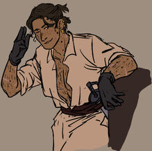 Barnes, short from the thighs up. He is a white man with wavy brown hair tied into a short, messy ponytail, several earrings on one ear, and scars all over his body. He wears a white button-down shirt, open to his waist, and rolled up at the sleeves. His pants are also white, and he wears a brown belt into which his sword is tucked, along with black gloves. He leans against a piece of furniture, winking and saluting.