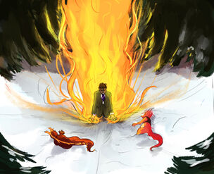 A digital drawing of Hamid, a brown-skinned halfling man with short brown hair and a three piece suit, kneeling in the middle of a snowy clearing. There is an anguished expression on his face and the dead bodies of Meerk and Sassraa lay in front of him. A large fire shoots upwards from his body, illuminating the the surrounding trees.