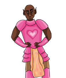 A digital drawing of Azu, a Black orc woman. She is in full pink plate armor with a yellow cloth falling from her midsection. She has her arms on her hips. She is looking down and frowning at something off screen.