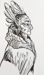 A traditional sketch of Sohra, shown from the shoulders up in profile. She is an elderly human woman with long black hair and a large feather behind each ear. She wears a hooded cloak. She looks forward with a neutral expression. The art is drawn in black ink, with grey marker highlight.