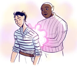 Coloured digital art of Azu healing Kiko’s back. Kiko is a Japanese woman with ear-length black hair, wearing a black and blue striped sailor’s shirt over chain mail. Her eyes are closed peacefully. Azu is a bald Black orc woman wearing a pink striped turtleneck. She is smiling as she lays hands on Kiko’s back. Pink magic emanates from Azu’s hands onto the back.