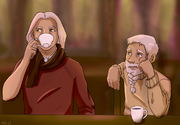 Digital art of Zolf Smith looking at Oscar Wilde. Zolf is a pale dwarven man with short white hair and a white beard. His chin rests on his hand as he gives Oscar Wilde a concerned look. Wile is a tall human with shoulder-length white hair, and he is sipping from a mug and wearing a brown scarf and a reddish shirt.