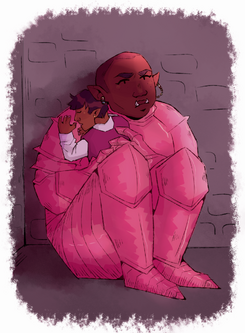 Digital fanart of Azu- a large, brown skinned orc woman with a shaved head, wearing hot pink heavy armour- sitting on the floor of a stone jail cell, glaring outwards. In her arms is Hamid- a brown skinned halfling man- who is clinging to her armour.