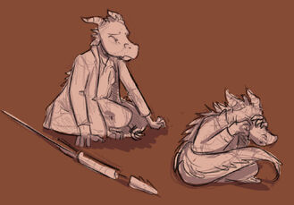 A digital drawing of Skraak, a kobold in a trenchcoat, in two different poses. In the first pose to the left, he is kneeling down on one knee. His hands are on either side of him and his eyes are closed. There’s a spear next to him. The second pose to the right has him curled in on himself, with his tail wrapped around his front. He’s brought his head down and he is covering his face with his claws. The background is a reddish brown.