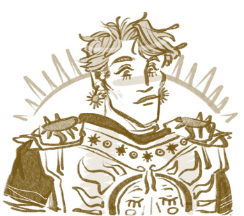 Monochrome art of Ed, a fair-skinned human man with short messy hair. He wears sun-shaped pendant earrings and a breastplate with sun motifs. He is smiling slightly. There is a sun design behind him.