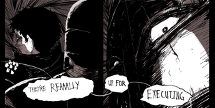 On the left side of the last panel, it shows Sasha from behind, and a Mars soldier's helmet is partially visible, as they walk behind her. The text bubble says, "They're reaaally..." and continues on to the right side, "up for some executing." The right side shows a close up of the soldier's helmet. The pupils of their eyes are visible; the right is white on a black background, and the left is reversed.