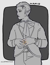 Fanart of Hamid. He is shown from the thighs up, facing the viewer, wearing a fancy suit. He looks to the left with a worried expression. On the ring finger of one hand, he wears a gold ring, which glows. He fiddles with it with his other hand. The image is entirely black, grey, and white except for the ring and its glow. The image is labelled “Hamid.”