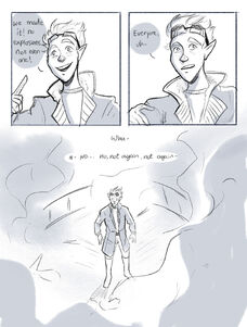A three-panel digital greyscale comic. The comic shows Cel, a half-elf with light spiky hair and one scarred ear. they wear goggles on their forehead and a collared coat. In the first panel, they’re shown from the shoulders up, smiling, pointing at themself, and saying “we made it! No explosions, not even one!’ Their face falls and their hand slacks in the second panel, as they say “Everyone, uh —.“ The last panel shows Cel standing on the deck of the airship, surrounded by billowing smoke. They looked stunned, and are saying “What— N— no… no, not again, not again —.”