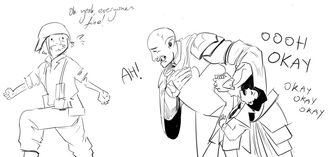 fanart of Einstein, Azu, and Hamid. Einstein is in full explorer's gear in a half shell helmet. There is text above him that reads: oh yeah everyone's fine!. Next him is Azu, an orc woman, and Hamid, a halfling male. They are holding hands. Azu is leaning forward with her free hand on her chest or eyes are closed and her mouth is open in relief. Hamid is leaning back with his free hand on his belly. His eyes are closed and mouth is open in relief. Text around the two read: Ah oooh okay okay okay okay.