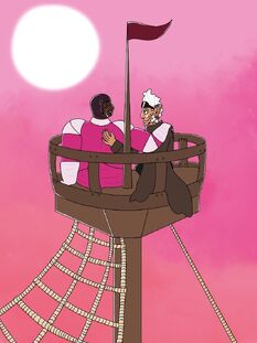 A picture with a completely pink background; the sun is in the top left corner of the image. The crow's nest of the ship rises in the center of the page, with a red flag coming off the top while ropes and rigging stretches down from it. In the crow's nest are Azu (a Black orc, bald and muscular, with bright pink armor) and Cel (a half-elf with tanned skin, white hair sticking straight up, goggles, and a long brown coat). Azu and Cel are looking at each other and smiling, with their arms around each other's shoulders in a half-hug.