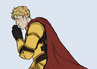 A side profile digital image of Ed. Ed, a white human male, is knelt down in and in the praying position. He is wearing golden full plate armor with a red cape. His hands are held up towards his head and he is leaning into them. His eyes are closed and there’s a redness high on his cheeks