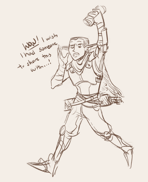 A full-length digital sketch of Grizzop, a goblin wearing armour and a cape and carrying a quiver of arrows. He is walking forward with a bored expression. He holds a wrap up in the air and the other to his mouth to project his voice. He says “Wow! i wish I had someone to share this with…!”