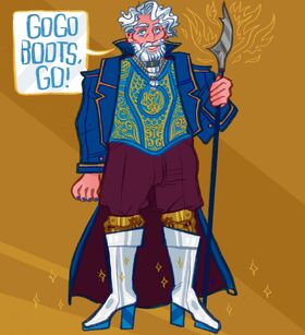 A digital drawing of Zolf, a white dwarven male with white hair and a white beard. His is wearing a gold and blue chest plate with a long blue coat. He is wearing maroon pants with golden mechanical legs showing at the knees. He is also wearing knee high white heeled boots. He's holding a glaive in his left hand that has flames around the blade. There's a speech bubble from his that reads: Gogo Boots, go! The background is orange.