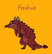 Coloured digital art of Friedrich in Driaak’s body. Driaak is a dark red kobold with long, droopy ears and no wings. Friedrich looks scared. The background is yellow.