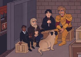 The party sits around on crates eating eels. They're in a small room, on the opposite side of a stand selling eels. Hamid, a dark-skinned halfling man with black hair and a dark suit, is on the far left. He is smiling at the rest of the party. Next is Zolf, a pale dwarven man with a sailor's coat, blonde hair, and a peg leg, who is smiling and looking at Hamid. Sasha is next, a pale woman wearing dark clothing with black, wavy hair, who has her eyes closed and looks blissed out as she eats the eel. Bertie, a tall white man with wavy blond hair, is on the far right, feeding his eel to Brutor, a light brown 'pugweiler' (pug and rottweiler mix), who's tail is wagging.