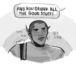 A black and white drawing of Azu, a black orc woman with a shaved head. She has one eyebrow raised she is smirking. A speech bubble from someone offscreen reads: and you drank all the good stuff! words beside her head on either side read: hehe hehe yea i did.
