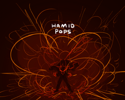 Fanart of Hamid, a halfling male. He is in the center of the shot with red and orange lines forming all around him to appear like an explosion. His cloak is flowing in the air behind him. His hands look claw-like. Above him in white text reads: Hamid pops.