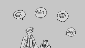 A black and grey scene of Cel, a nonbinary human, and Skraak, a kobold. Cel is smiling down at Skraak who is looking at their hands and also smiling. There's four speech bubbles above them. The first is a picture of dinner plate. The second is a picture of a worm. The third is of a burger patty, and the last speech bubble shows a mushroom.