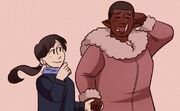 Digital art of Azu, a black orc woman in a pink fuzzy coat, and Kiko, a pale human woman in a dark coat, walking hand-in-hand. Kiko is blushing, a hand near her mouth, as he looks up at Azu. Azu is laughing at something, also blushing, with her hand rubbing the back of her head.