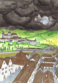 Art of Prague, as depicted in RQG. in the foreground are houses, and further off we can see Bolla's Roost, a large castle, and rolling green hills. In the dark grey clouds floats Prague University.