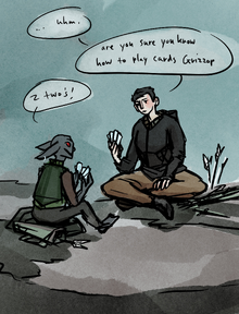 Digital art of Sasha and Grizzop playing cards. They are both sitting on the ground, with some dirt and plants around them, and both are holding a stack of cards. Sasha is a pale human with short dark hair, and is wearing a black jacket and brown pants. She seems confused, and is saying "...uhm... are you sure you know how to play cards, Grizzop". Grizzop is a grey-skinned goblin, wearing a green breastplate and dark grey pants. He is excited, and is saying "2 two's"!.