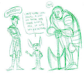 A sketch of Sasha, Grizzop, and Azu. Grizzop, a male goblin, is in the middle. He has one arm on his side the other outstretched and bent at the elbow. His mouth is open and there is a speech bubble from him that reads: I met some cool orcs. A lot of them had their shirts off it was very exciting. To the left of him is Sasha, a human woman. She is looking down at Grizzop with her arms crossed. Her eyes are wide and her mouth is in an o shape. A speech bubble from her reads: oooooohh. To the right of Grizzop is Azu, an orc woman. She is leaning on her battle ax and her eyes are wide and eyebrows raised. A speech bubble from her reads: huh.