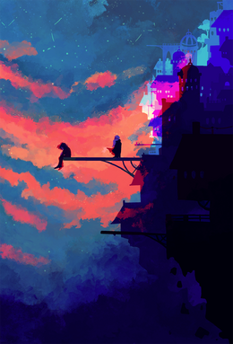 A digital illustration of Zolf Smith, a short dwarf, and Oscar Wilde, a tall human, standing on a dock outside the bear city. Wilde is sitting at the end of the dock, with Zolf walking toward him. The dock stretches away from the city, with tall buildings in shades of purple and blue. The sky is colourful, with blues and reds making up clouds; the sky is filled with stars and constellations.