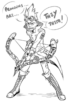 A black and white digital drawing of Cel, a half-elf. They are wearing a buttoned up long coat with long pants and knee high laced up boots. They are standing with their feet spread out. In front of them they hold their modified crossbow that has an arrow in the chamber. They have an angry expression on their face, their mouth barring their teeth and their eyebrows furrowed. From left to right there are speech bubbles coming from them that read “pronouns are they them!”