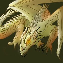 Digital art of Apophis in dragon form. He is a brass dragon with fiery eyes that look at the viewer as he curls into himself.