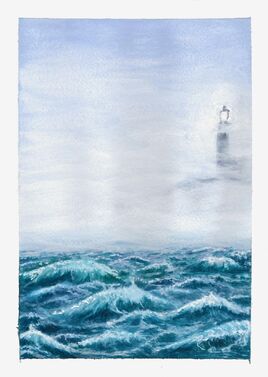 Watercolour fanart. It shows a rough sea and a foggy sky, through which a lighthouse is only barely visible.