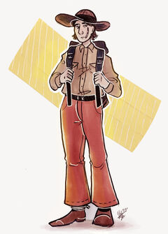 A digital drawing of Wilde, a white human male with short brown hair. He is wearing a safari hat and a brown button up shirt with orange bell-bottom jeans and brown loafers. There's is a backpack on his back and his hands hold onto the straps in front of him. There's a scar on his left cheek and an ankle brace slightly visible on his right ankle. His mouth is set in a line and he's looking off towards his left.