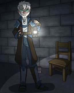 A digital drawing of Zolf, a pale man with green eyes, short white hair and a blonde beard, done in one large braid. He’s wearing a brown coat with blue accents and pauldrons, and he’s holding a lantern in one hand, with his other on his hip. He looks concerned and a little sheepish. Behind him is a grey stone wall, a simple wooden chair, and a romance novel sitting on the floor next to it.