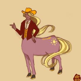 Art of Capricious Sun, a human/horse centaur. The top half is human, with tan skin, long blonde hair, a cowboy hat, and a brown vest. The bottom half is a horse, with pink skin, a sun mark by its hind legs, and a long blonde tail. They are gesturing with a single finger gun.