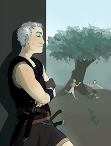 A digital drawing of Sasha, a white human woman with short white hair. There is a red scar on the side of her neck and on her cheek. She is leaning on a wall in the foreground and she is smiling with her eyes almost closed. Her arms are crossed over her chest. In the background is a large tree with two children playing underneath it. Both are holding daggers.
