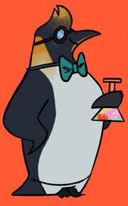 A digital drawing of Cel as an emperor penguin. They have a swoop of blonde hair at the top, with goggles over their eyes and a green bowtie. They have white feathers down their belly and black feathers around their back and fins. One fin holds a beaker filled with pink, yellow, red, and green liquid. They are in front of an orange solid colour background.