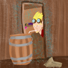 A digital drawing of Cel, a nonbinary half-elf with blonde hair. A pair of brown goggles rests on their forehead. In front of them is a brown barrel and a cream colored rag. There’s a straw poking out of the barrel with the other side in Cel’s mouth. They are surrounded by various blue and white bubbles. Behind them lays a sleeping Hamid, a brown halfling man.