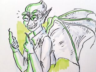 Fanart of Cel, transformed into a bat-like creature. They are a half-elf with spiky hair, wearing their usual goggles and coat. They have large fangs in their mouth, claws on their hands, and bat wings on their back. They are smiling broadly and hold both their claw-hands in a thumbs-up gesture. the drawing is largely black and white linear with green highlights.